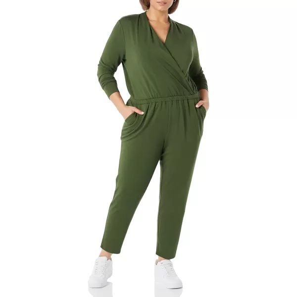 Amazon Essentials Womens Supersoft Terry LongSleeve VNeck Wrap Jumpsuit Previously Daily RitualOlive