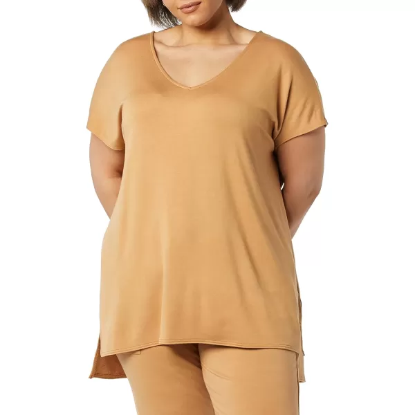 Amazon Essentials Womens Supersoft Terry RelaxedFit DolmanSleeve VNeck Tunic Previously Daily RitualRayon Blend Camel