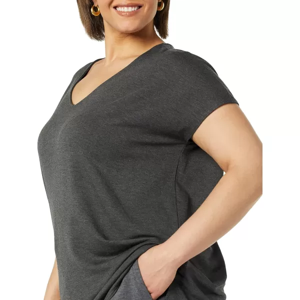 Amazon Essentials Womens Supersoft Terry RelaxedFit DolmanSleeve VNeck Tunic Previously Daily RitualRayon Blend Charcoal Heather