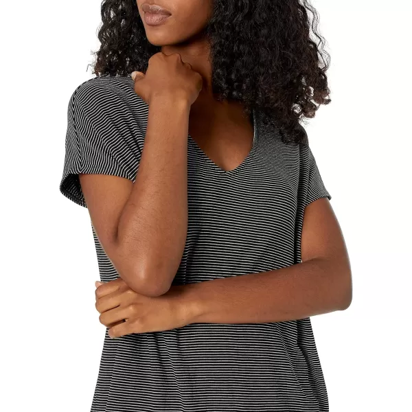 Amazon Essentials Womens Supersoft Terry RelaxedFit DolmanSleeve VNeck Tunic Previously Daily RitualSustainably Sourced Rayon Blend Black White Mini Stripe