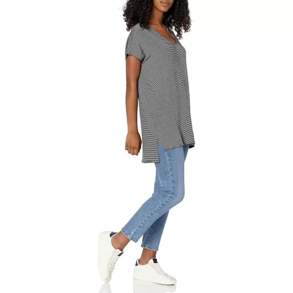 Amazon Essentials Womens Supersoft Terry RelaxedFit DolmanSleeve VNeck Tunic Previously Daily RitualSustainably Sourced Rayon Blend Black White Mini Stripe