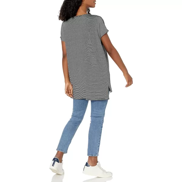 Amazon Essentials Womens Supersoft Terry RelaxedFit DolmanSleeve VNeck Tunic Previously Daily RitualSustainably Sourced Rayon Blend Black White Mini Stripe