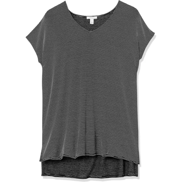 Amazon Essentials Womens Supersoft Terry RelaxedFit DolmanSleeve VNeck Tunic Previously Daily RitualSustainably Sourced Rayon Blend Black White Mini Stripe