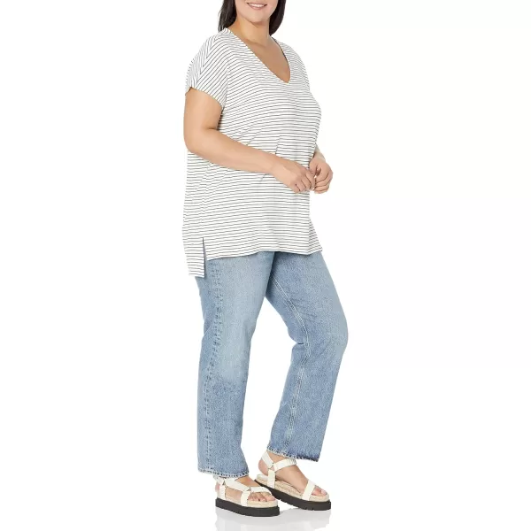 Amazon Essentials Womens Supersoft Terry RelaxedFit DolmanSleeve VNeck Tunic Previously Daily RitualSustainably Sourced Rayon Blend Black White Stripe