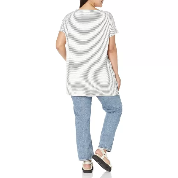 Amazon Essentials Womens Supersoft Terry RelaxedFit DolmanSleeve VNeck Tunic Previously Daily RitualSustainably Sourced Rayon Blend Black White Stripe