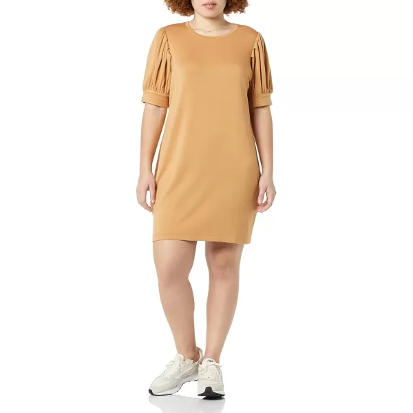 Amazon Essentials Womens Supersoft Terry RelaxedFit ShortSleeve PuffSleeve Dress Previously Daily RitualRayon Blend Camel