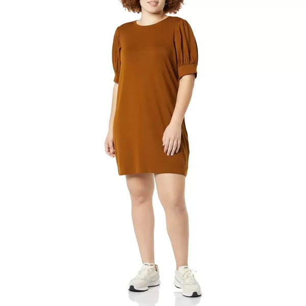 Amazon Essentials Womens Supersoft Terry RelaxedFit ShortSleeve PuffSleeve Dress Previously Daily RitualRayon Blend Dark Chestnut Brown