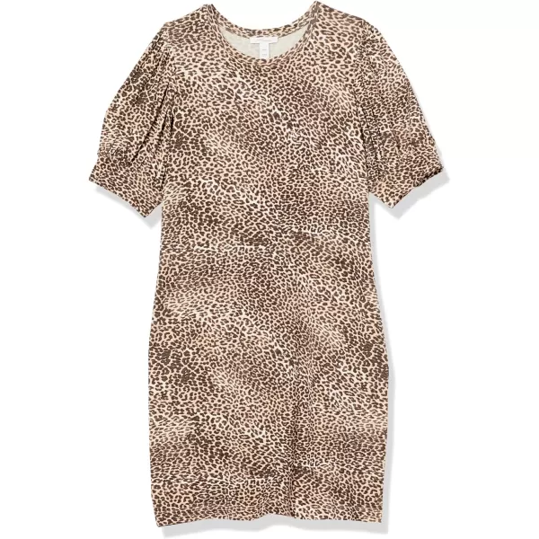 Amazon Essentials Womens Supersoft Terry RelaxedFit ShortSleeve PuffSleeve Dress Previously Daily RitualRayon Blend Leopard Print