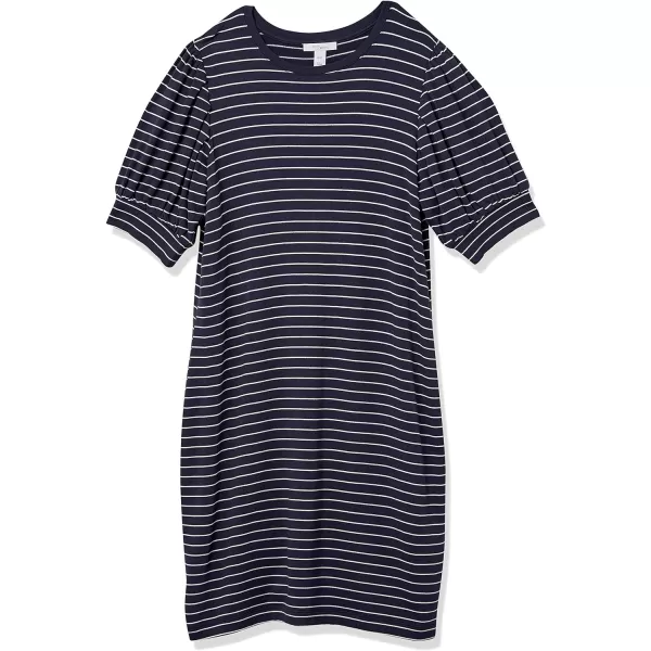 Amazon Essentials Womens Supersoft Terry RelaxedFit ShortSleeve PuffSleeve Dress Previously Daily RitualRayon Blend NavyWhite Stripe