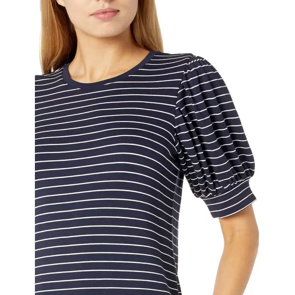 Amazon Essentials Womens Supersoft Terry RelaxedFit ShortSleeve PuffSleeve Dress Previously Daily RitualRayon Blend NavyWhite Stripe