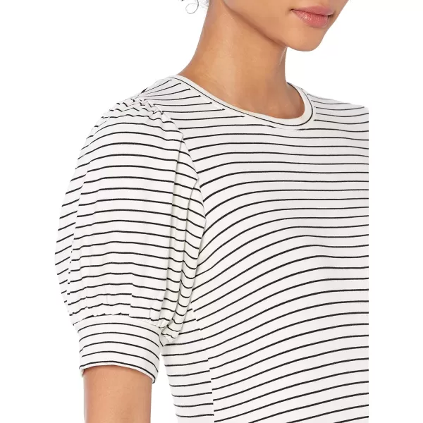 Amazon Essentials Womens Supersoft Terry RelaxedFit ShortSleeve PuffSleeve Dress Previously Daily RitualRayon Blend WhiteBlack Stripe