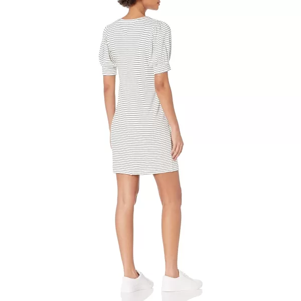 Amazon Essentials Womens Supersoft Terry RelaxedFit ShortSleeve PuffSleeve Dress Previously Daily RitualRayon Blend WhiteBlack Stripe