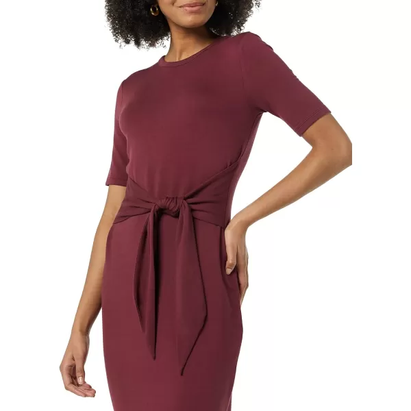 Amazon Essentials Womens Supersoft Terry ShortSleeve Crewneck TieFront Midi Dress Previously Daily RitualBurgundy