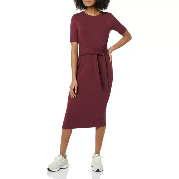 Amazon Essentials Womens Supersoft Terry ShortSleeve Crewneck TieFront Midi Dress Previously Daily RitualBurgundy