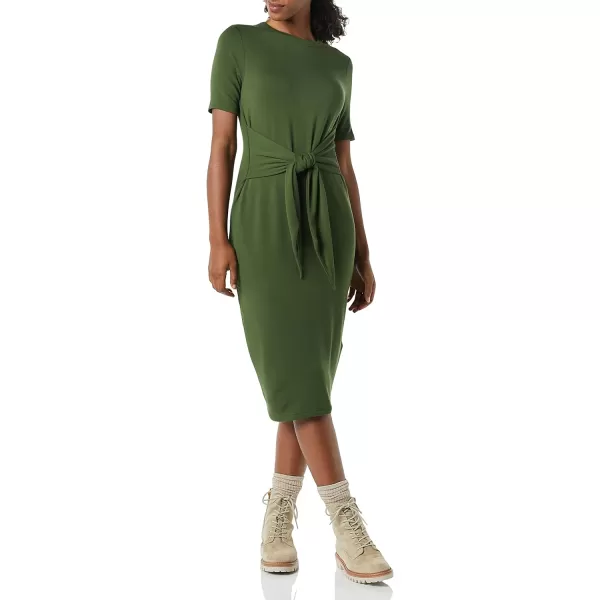 Amazon Essentials Womens Supersoft Terry ShortSleeve Crewneck TieFront Midi Dress Previously Daily RitualOlive