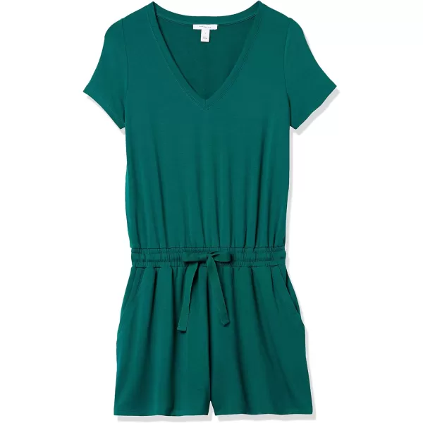 Amazon Essentials Womens Supersoft Terry ShortSleeve VNeck Romper Previously Daily RitualRayon Blend Dark Emerald Green