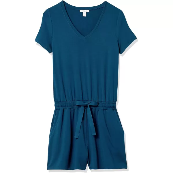 Amazon Essentials Womens Supersoft Terry ShortSleeve VNeck Romper Previously Daily RitualRayon Blend Deep Blue
