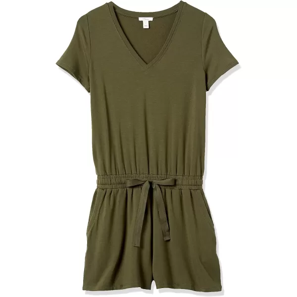 Amazon Essentials Womens Supersoft Terry ShortSleeve VNeck Romper Previously Daily RitualRayon Blend Olive