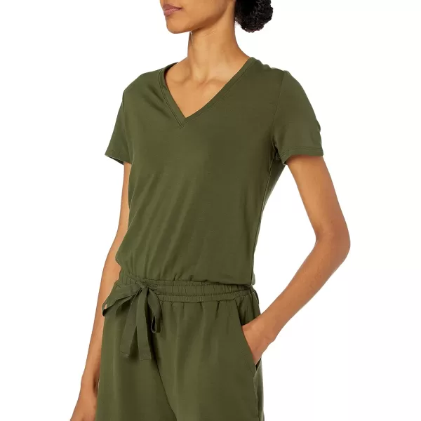 Amazon Essentials Womens Supersoft Terry ShortSleeve VNeck Romper Previously Daily RitualRayon Blend Olive