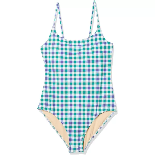 Amazon Essentials Womens Thin Strap onePiece SwimsuitBlue Green Gingham