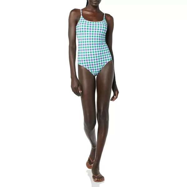 Amazon Essentials Womens Thin Strap onePiece SwimsuitBlue Green Gingham