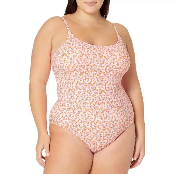 Amazon Essentials Womens Thin Strap onePiece SwimsuitPale Peach Micro Floral