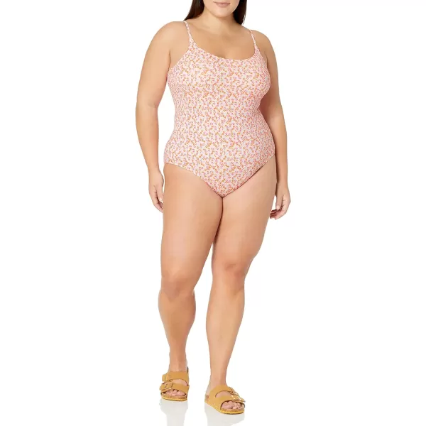 Amazon Essentials Womens Thin Strap onePiece SwimsuitPale Peach Micro Floral