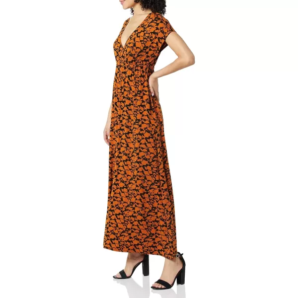 Amazon Essentials Womens Waisted Maxi Dress Available in Plus SizeRayon Blend Black Brown Floral Print