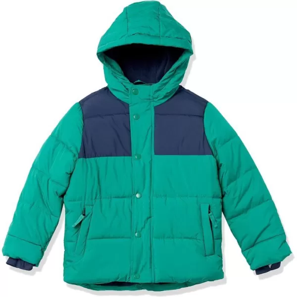 Amazon Essentials Babies Toddlers and Boys Heavyweight Hooded Puffer JacketGreen Navy Color Block