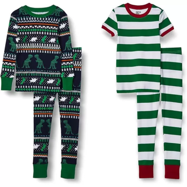 Amazon Essentials Babies Toddlers and Boys Snugfit Cotton Pajamas Sleepwear Sets Previously Spotted Zebra Multipacks4 Blue DinosaurGreen White Rugby Stripe