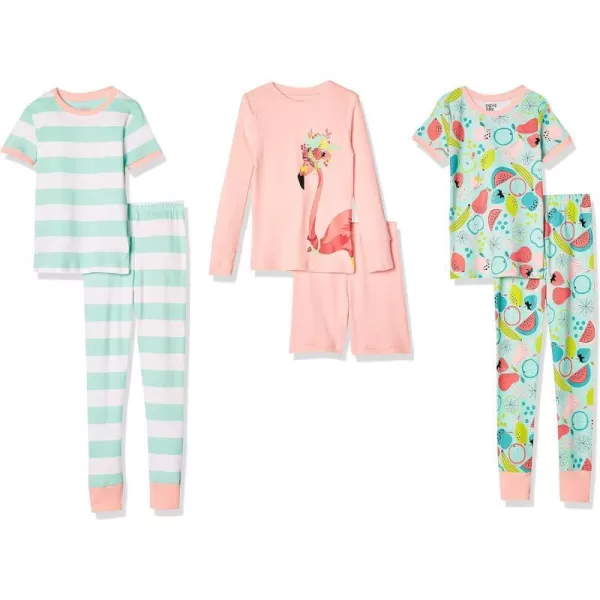 Amazon Essentials Babies Toddlers and Girls SnugFit Cotton Pajama Sleepwear Sets Previously Spotted Zebra Multipacks3 Mint Green FruitsPale Peach FlamingoWhite Rugby Stripe