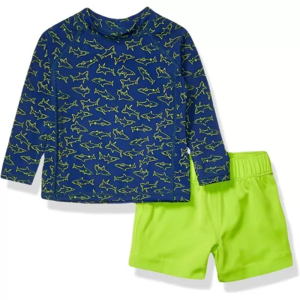 Amazon Essentials Baby Boys LongSleeve Rashguard and Trunk Swimsuit SetsBlue Shark