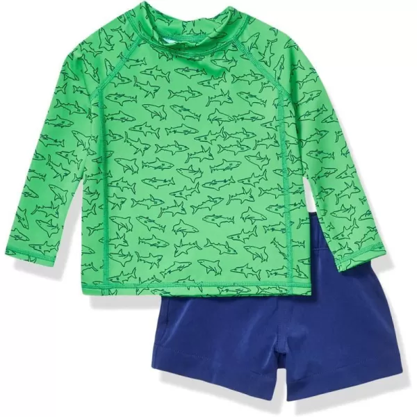 Amazon Essentials Baby Boys LongSleeve Rashguard and Trunk Swimsuit SetsGreenNavy Sharks