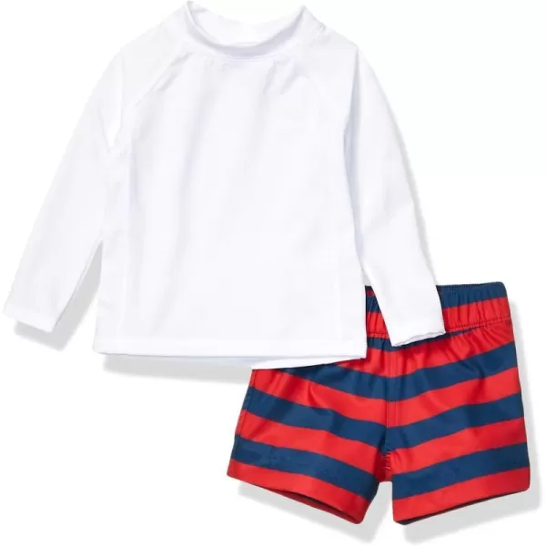 Amazon Essentials Baby Boys LongSleeve Rashguard and Trunk Swimsuit SetsRed Rugby StripeWhite