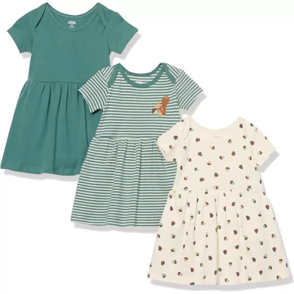 Amazon Essentials Baby Girls ShortSleeve Dress Pack of 3Beige FruitDark GreenStripe