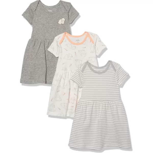 Amazon Essentials Baby Girls ShortSleeve Dress Pack of 3Dark Grey BunnyGrey StripeWhite Carrots