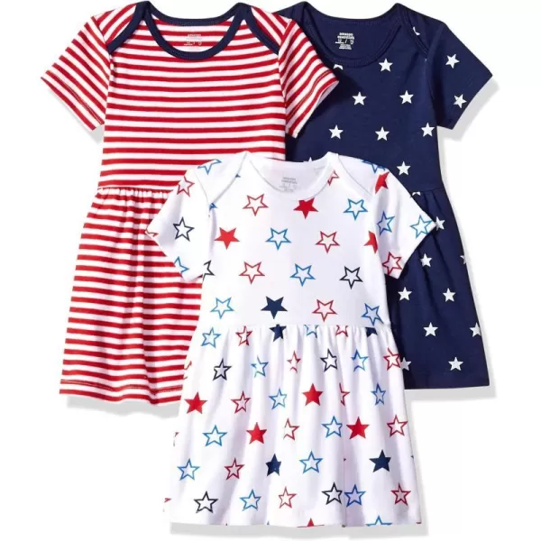 Amazon Essentials Baby Girls ShortSleeve Dress Pack of 3Navy StarsRed StripeWhite Stars