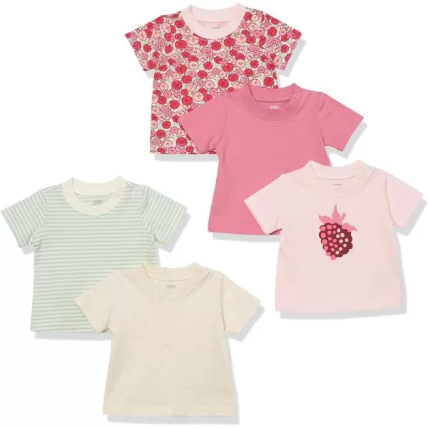 Amazon Essentials Baby Girls ShortSleeve Tee Pack of 5CreamGreen StripeLight PinkRoseFloral