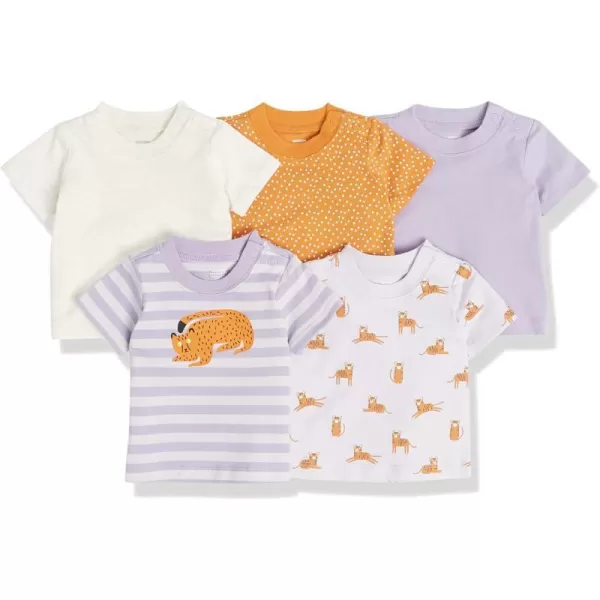 Amazon Essentials Baby Girls ShortSleeve Tee Pack of 5Gold DotsIvoryLilacStripeTiger Print