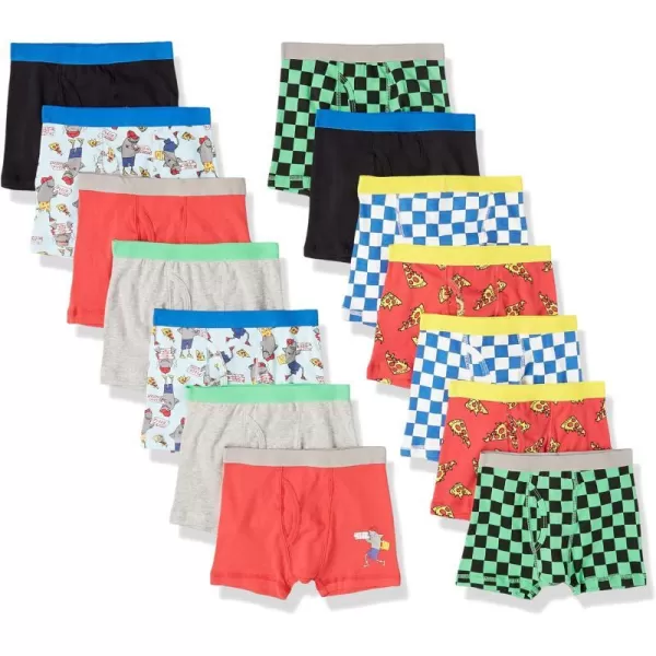 Amazon Essentials Boys and Toddlers Cotton Boxer Briefs Underwear Multipacks14 MulticolorCheckedPizzaSharks