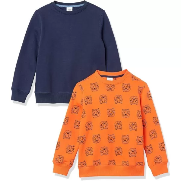 Amazon Essentials Boys and Toddlers Fleece CrewNeck Sweatshirts Multipacks2 NavyOrange Tiger