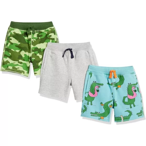 Amazon Essentials Boys and Toddlers French Terry Knit Shorts Previously Spotted Zebra Multipacks3 Blue DinosaurGreen CamoGrey