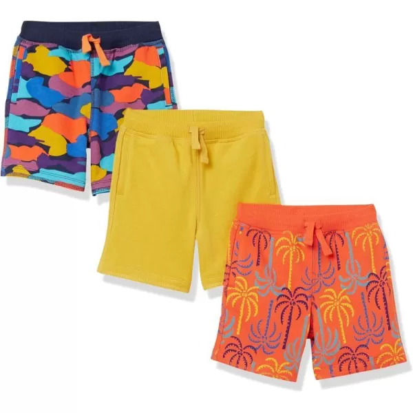 Amazon Essentials Boys and Toddlers French Terry Knit Shorts Previously Spotted Zebra Multipacks3 Mustard YellowNavy CamoOrange Palm Trees