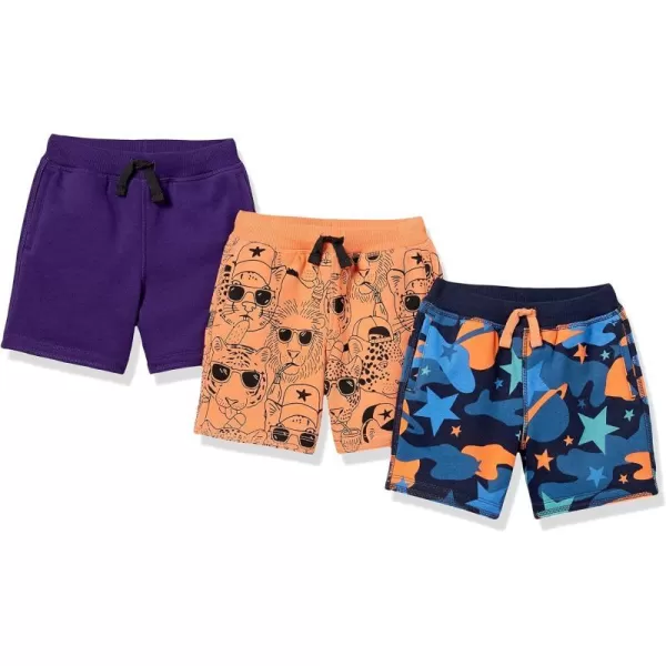 Amazon Essentials Boys and Toddlers French Terry Knit Shorts Previously Spotted Zebra Multipacks3 Navy SpaceOrange Forest AnimalsPurple