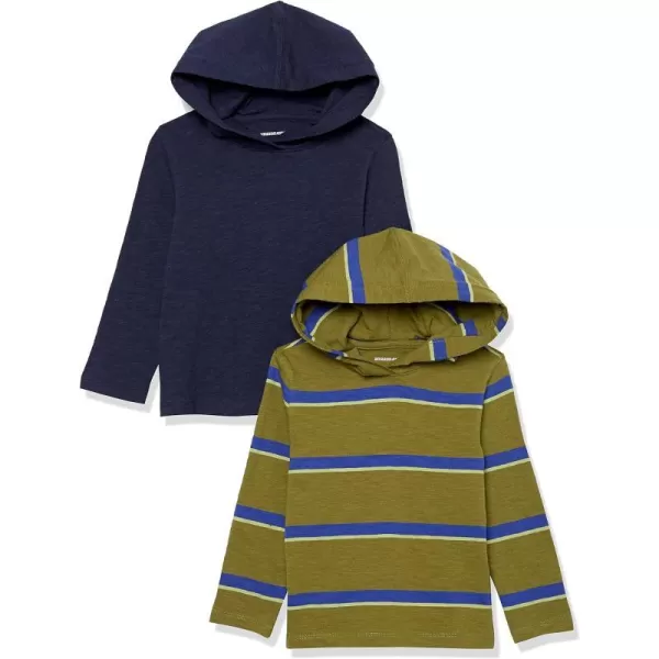 Amazon Essentials Boys and Toddlers Lightweight LongSleeve Hooded TShirt Pack of 2Dark NavyGreen Stripe