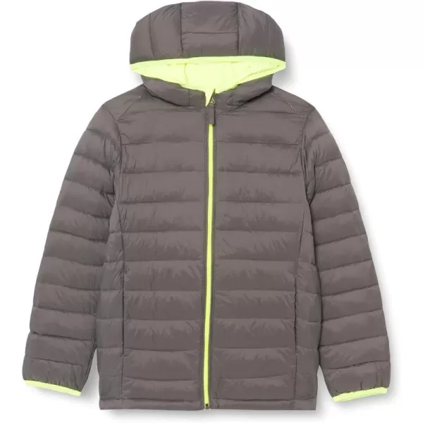 Amazon Essentials Boys and Toddlers Lightweight WaterResistant Packable Hooded Puffer CoatDark Grey Neon Yellow