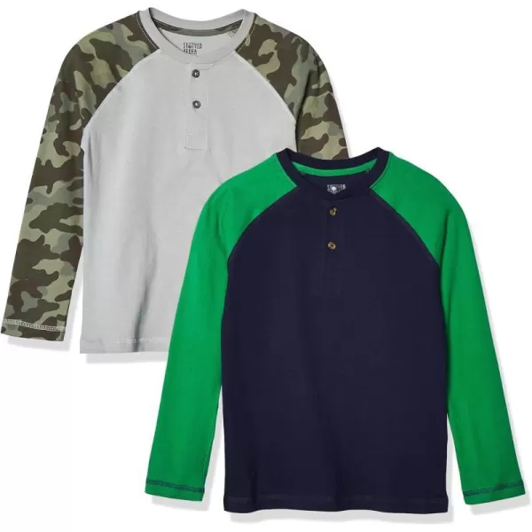 Amazon Essentials Boys and Toddlers LongSleeve Henley TShirts Previously Spotted Zebra Multipacks2 Grey CamoNavy