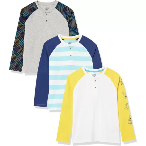 Amazon Essentials Boys and Toddlers LongSleeve Henley TShirts Previously Spotted Zebra Multipacks3 Blue Rugby StripeGrey GeometricWhite Skate