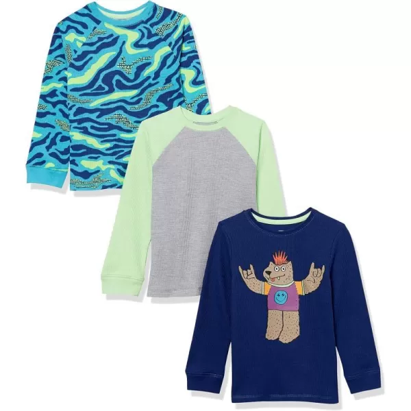 Amazon Essentials Boys and Toddlers LongSleeve Thermal TShirt Tops Previously Spotted Zebra Pack of 33 Blue CamoGreyNavy Bear