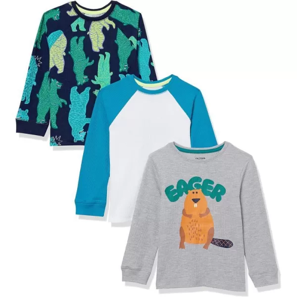 Amazon Essentials Boys and Toddlers LongSleeve Thermal TShirt Tops Previously Spotted Zebra Pack of 33 Grey SquirrelNavy Fox PrintWhite